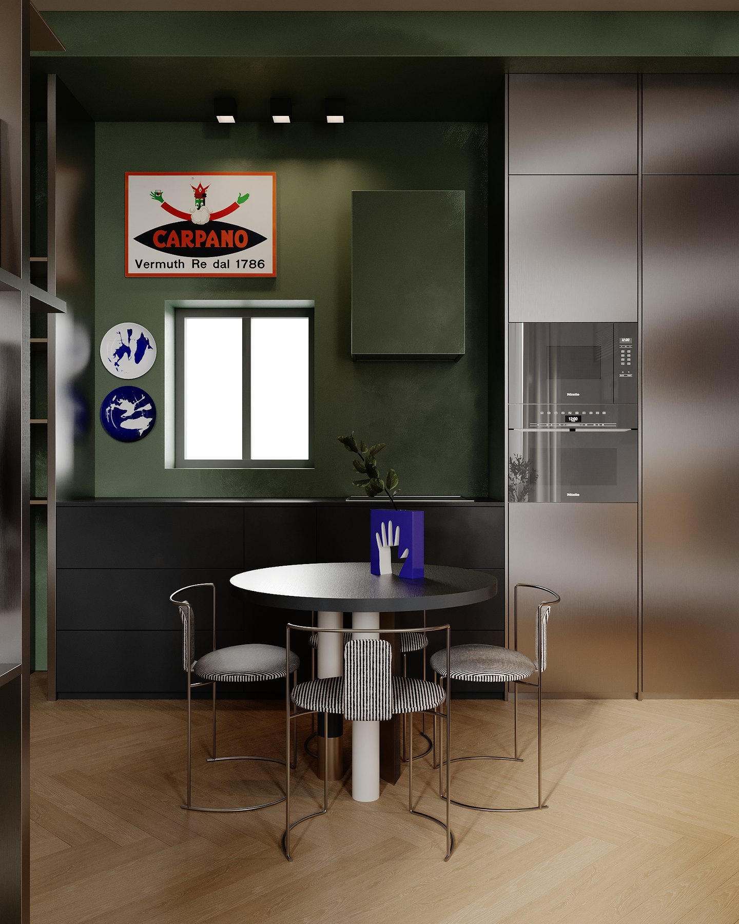 Green kitchen, round table