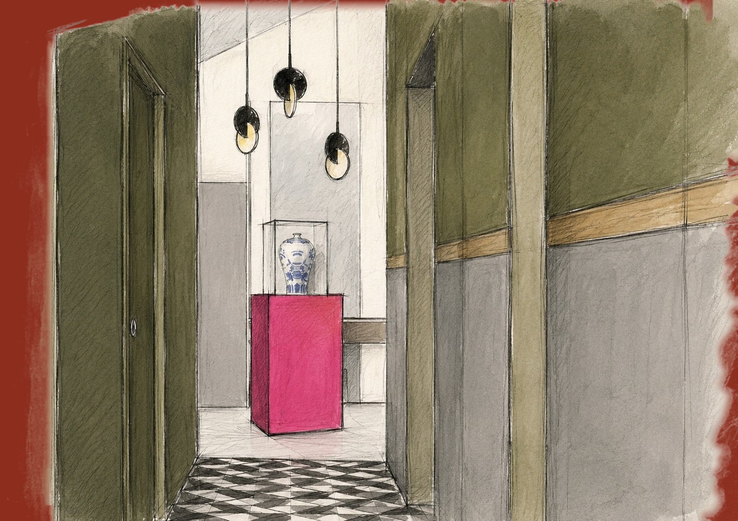 Watercolour perspective of an olive-green corridor with black pendant lights and a pink pedestal