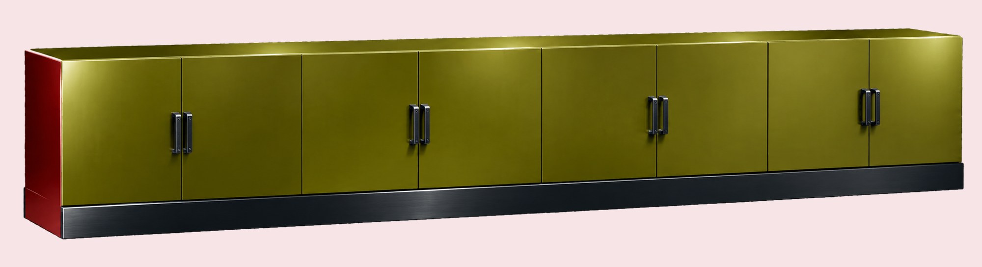 Very long olive-green low cabinet with a red side panel, black base and black handles