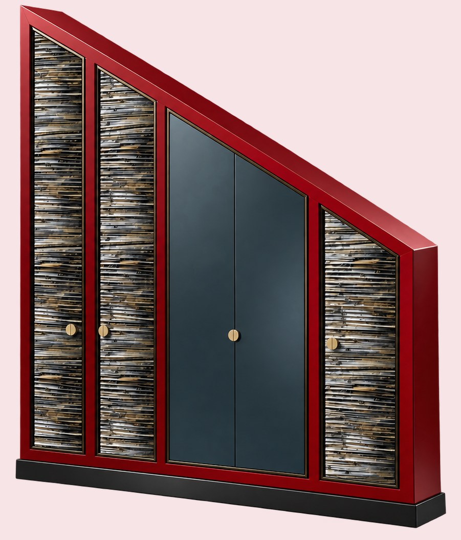 Red-framed asymmetric under-stair cabinet with textured doors and a blue-grey double door