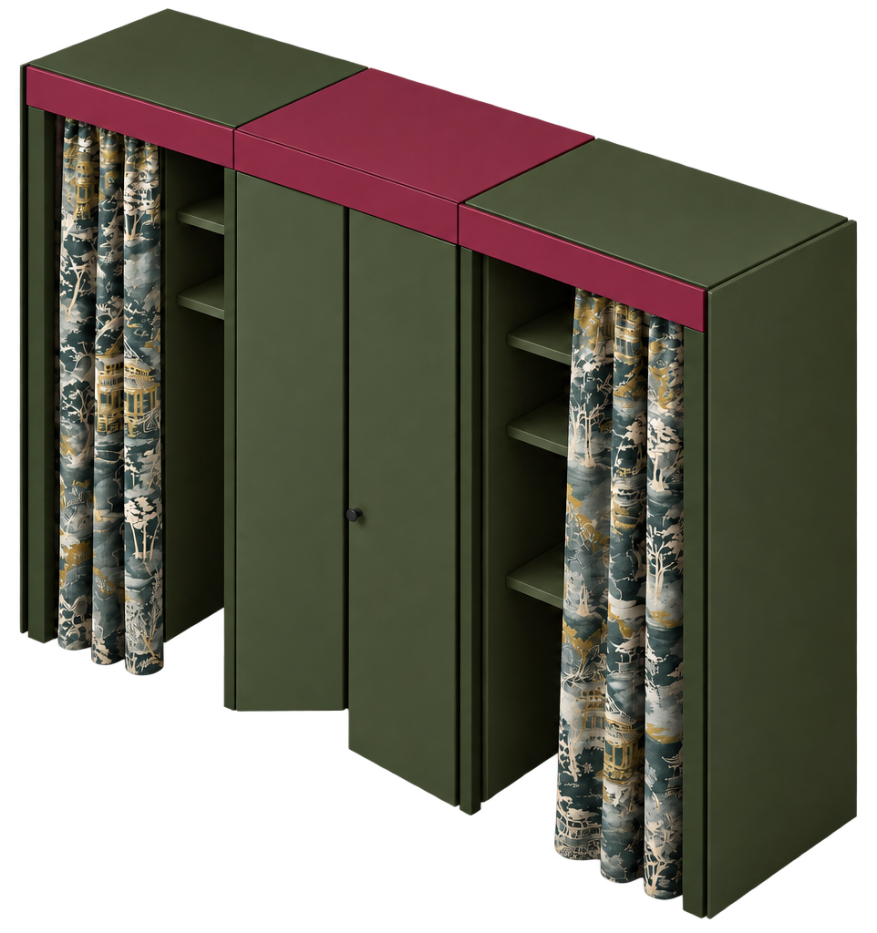 Bespoke olive-green and pink cabinet with patterned curtains
