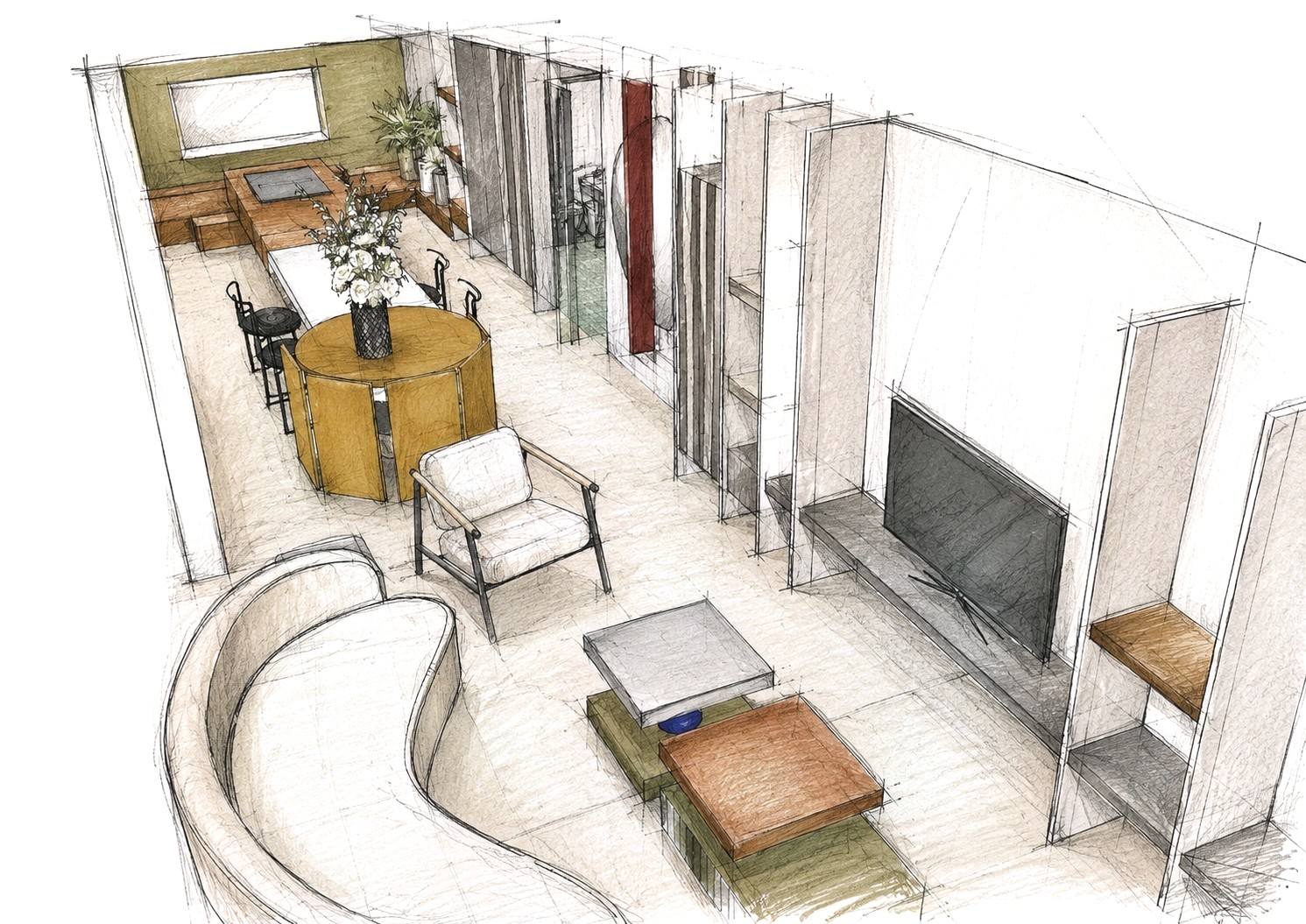 Prospettiva disegnata a mano di soggiorno, zona pranzo e cucina