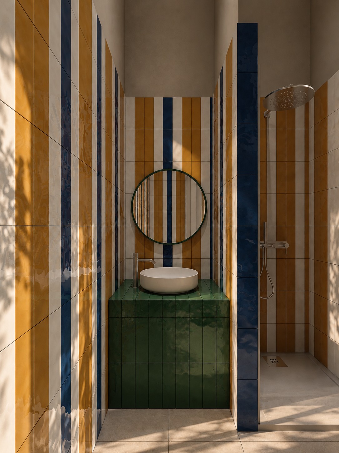 Bathroom in ochre, blue and green glazed tile