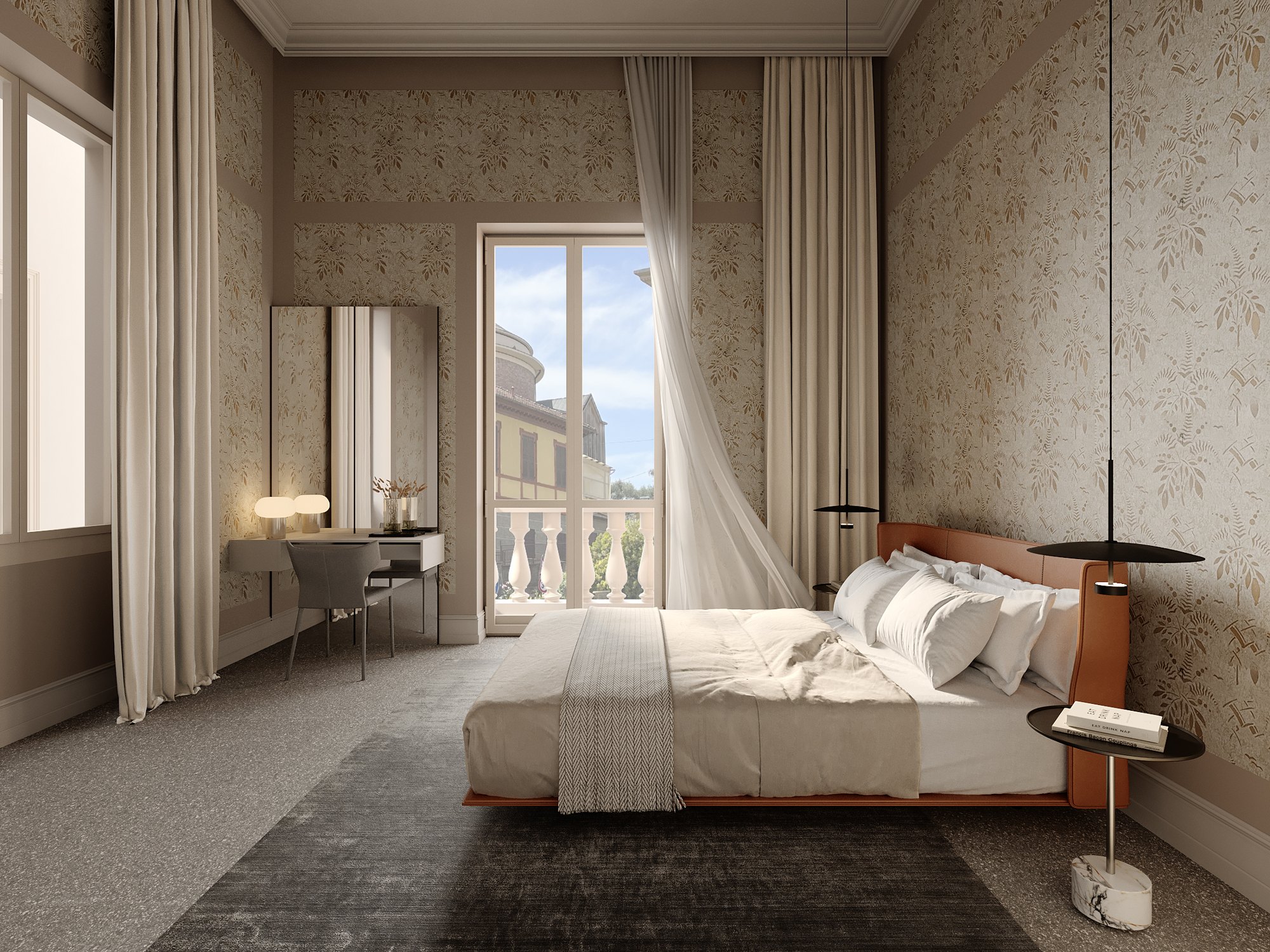 Bedroom with botanical wallpaper and a balcony over Chiavari