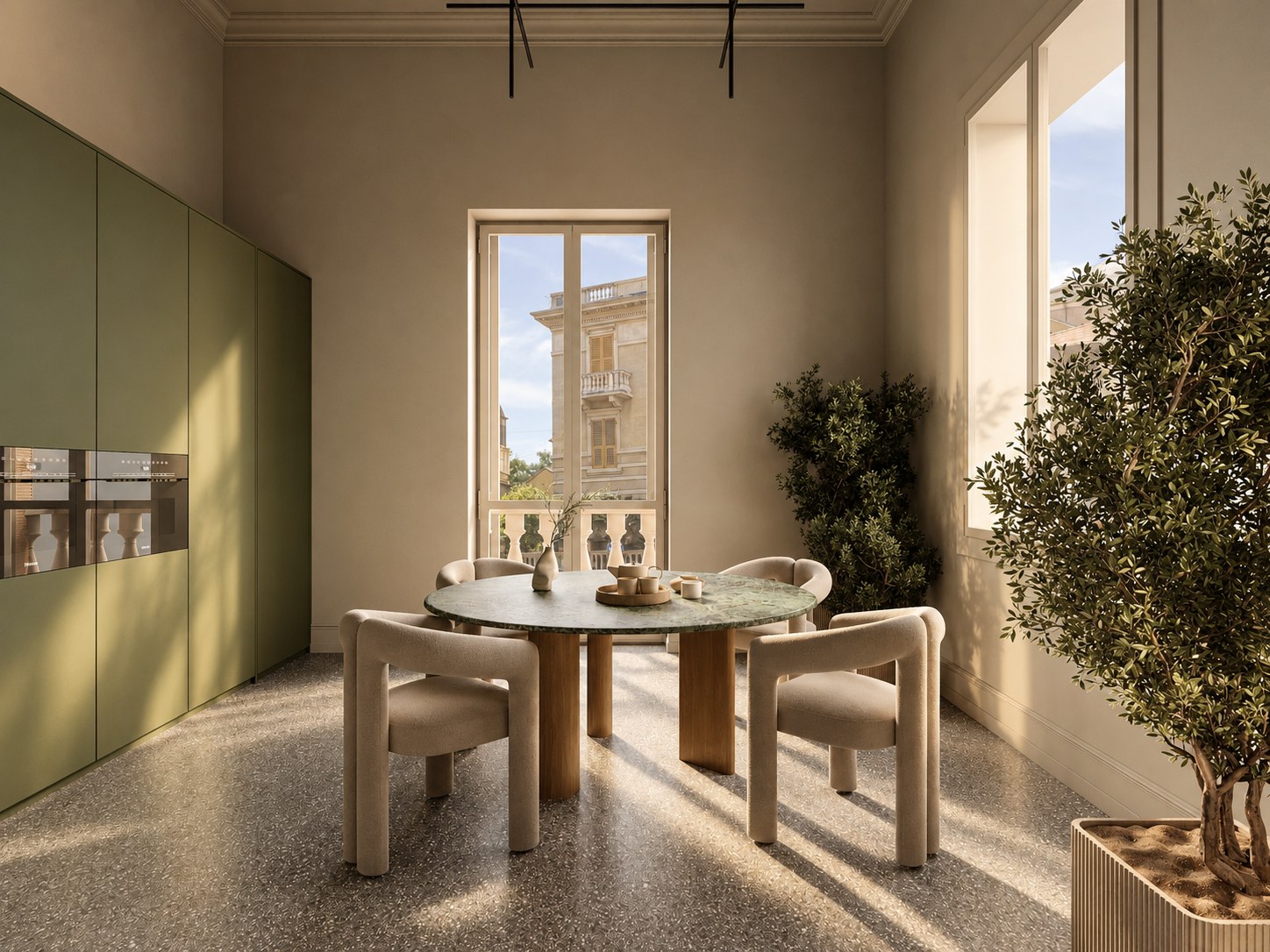 Kitchen and dining room looking towards a balcony window