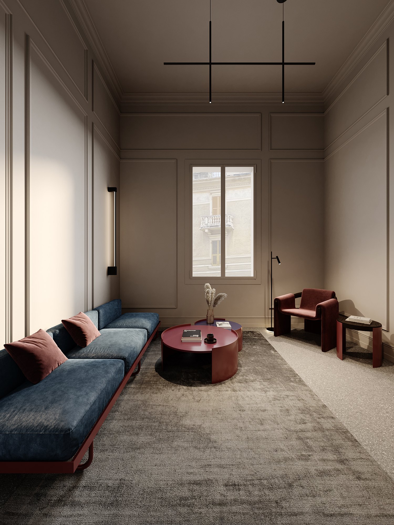 Living room with panelled walls and a blue sofa