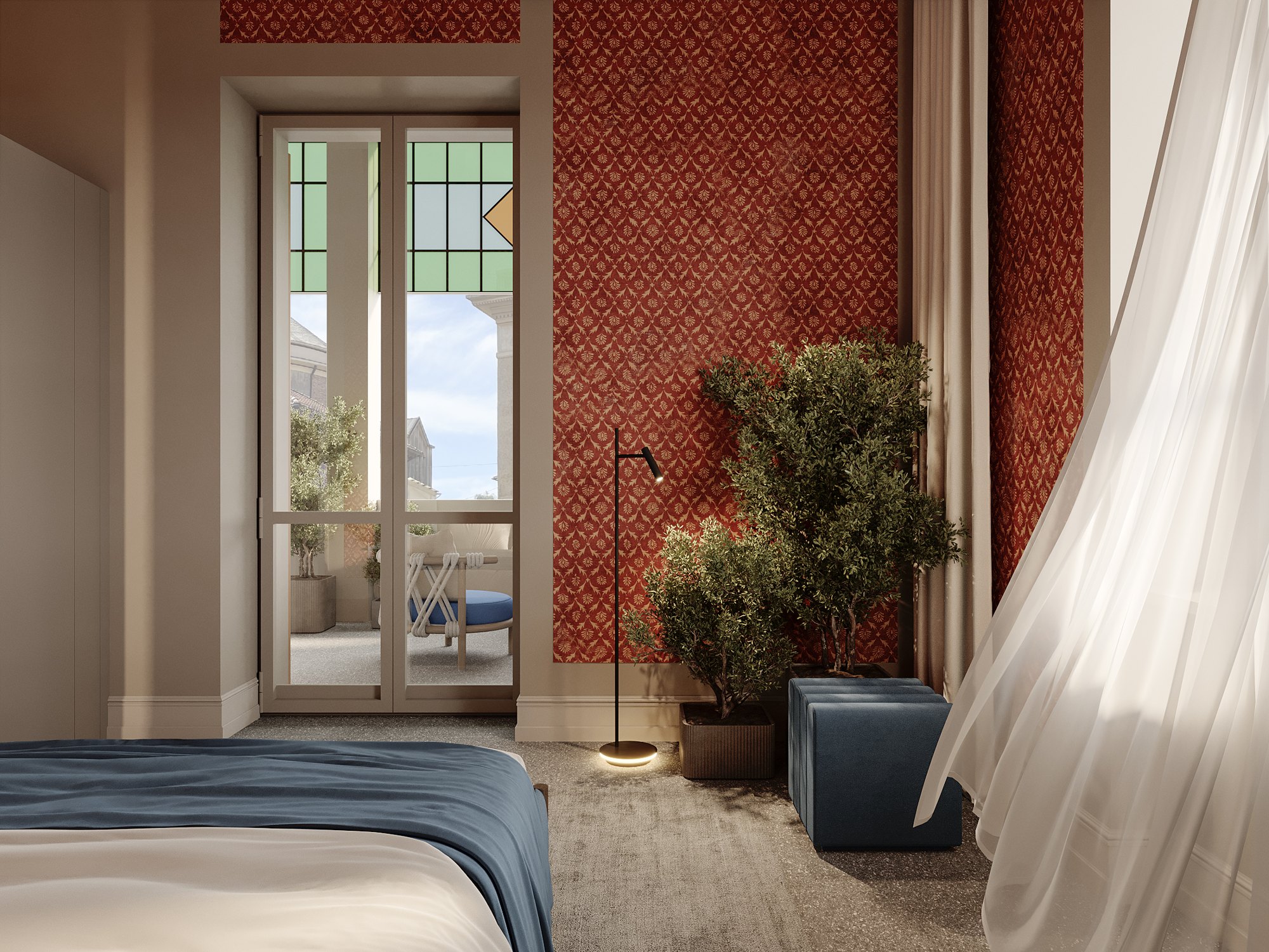 Bedroom looking through a stained-glass door to the terrace