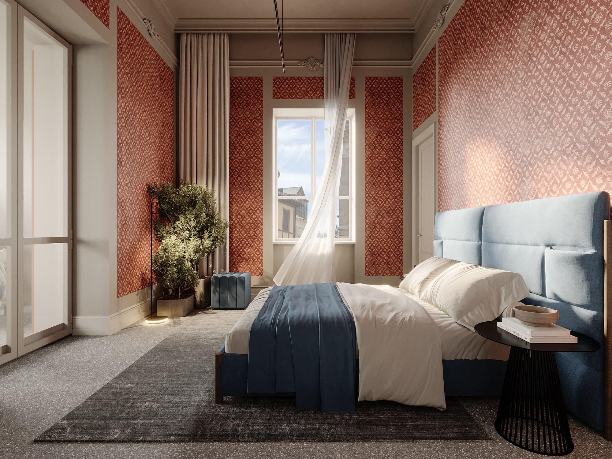 Bedroom with red wallpaper set within the mouldings