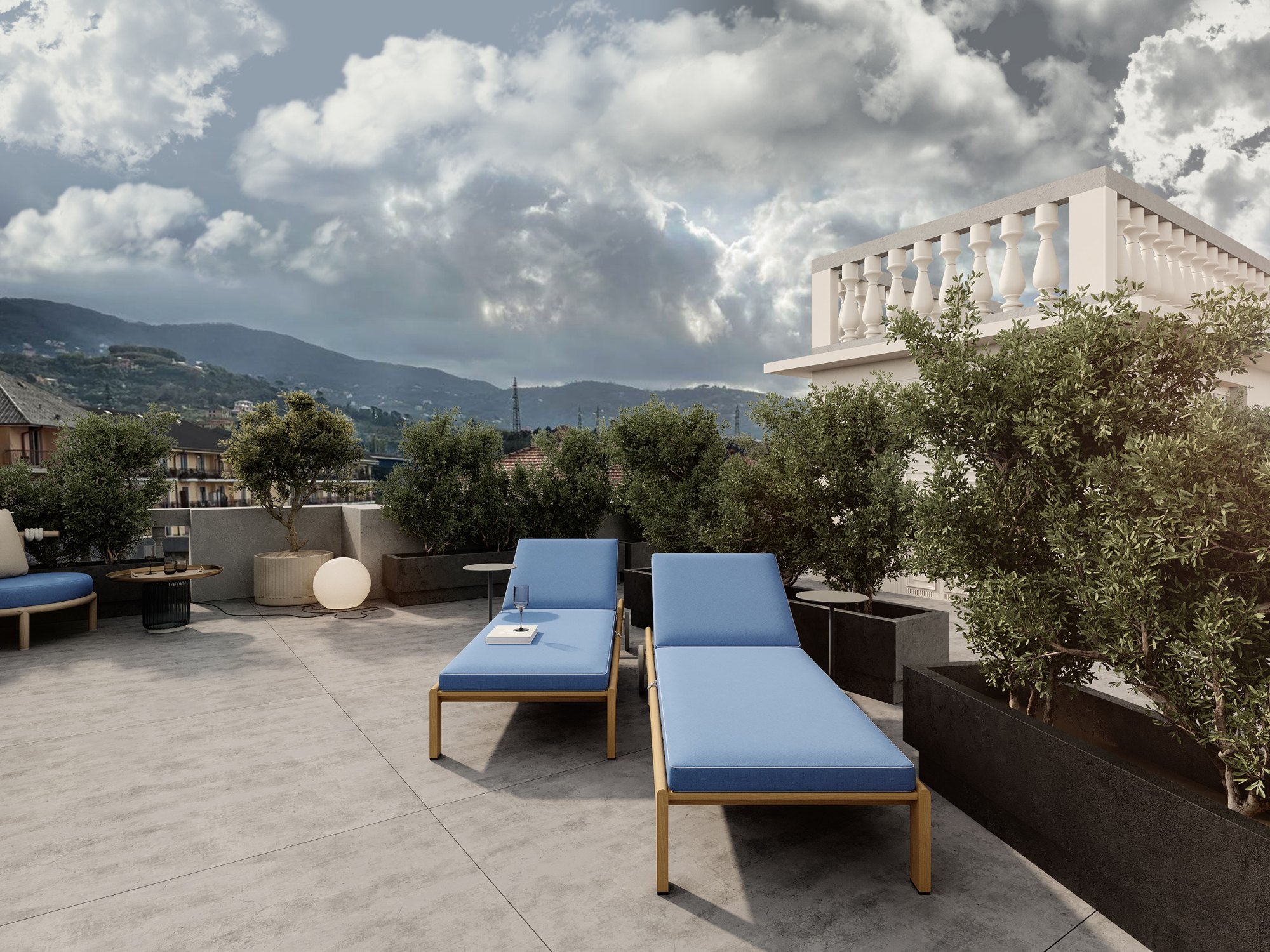 Loungers beside the balustrade on the roof