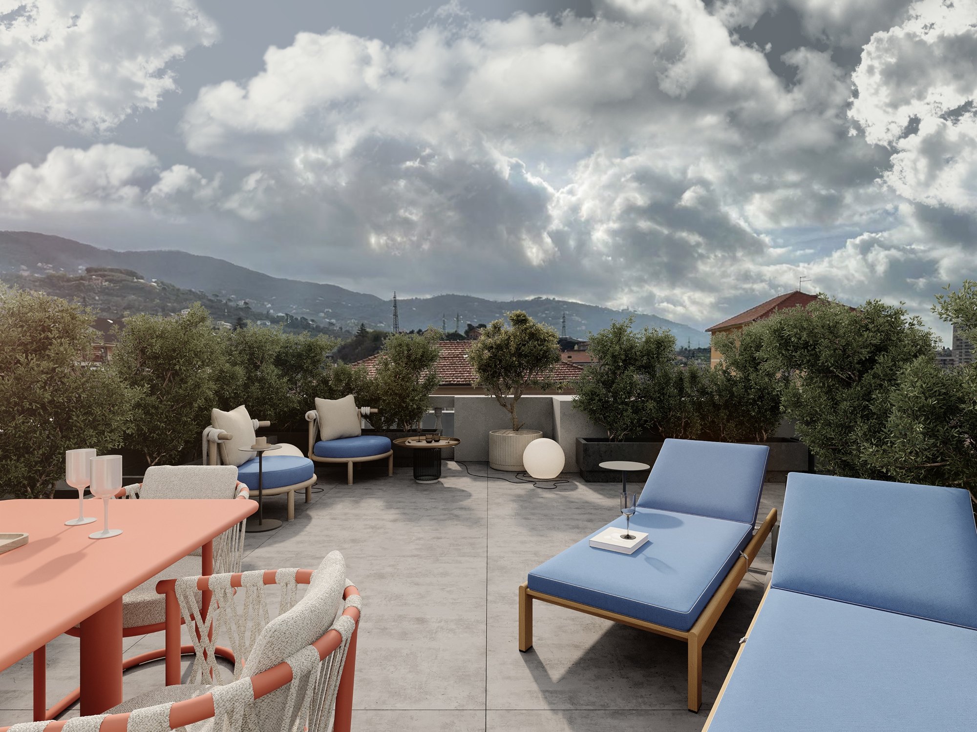 Roof terrace with olive trees and the Ligurian hills