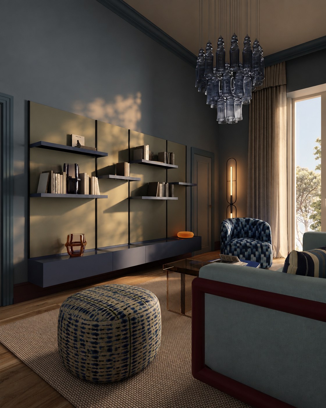 Shelving wall in the slate-blue living room