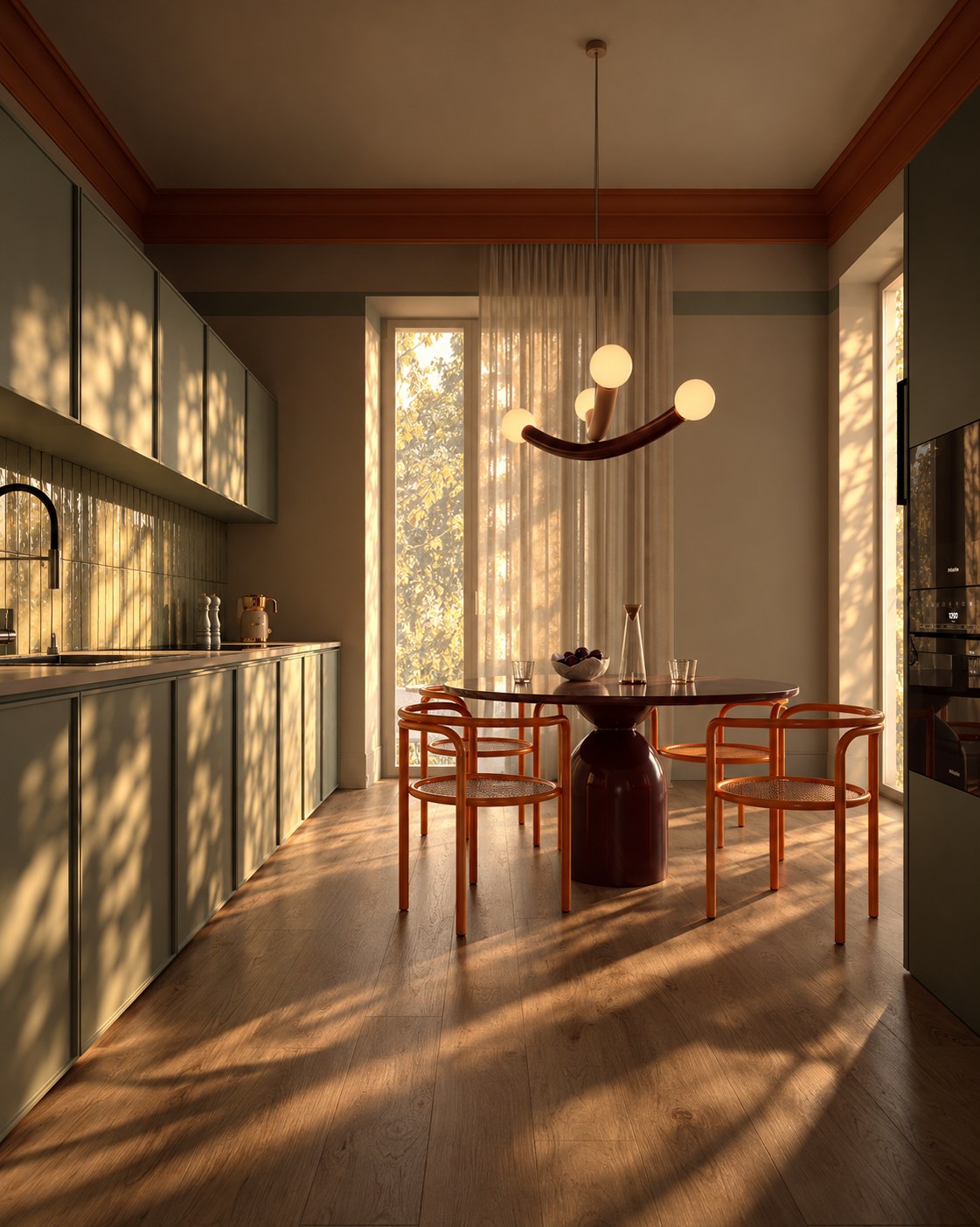 Galley kitchen in sage, towards the window