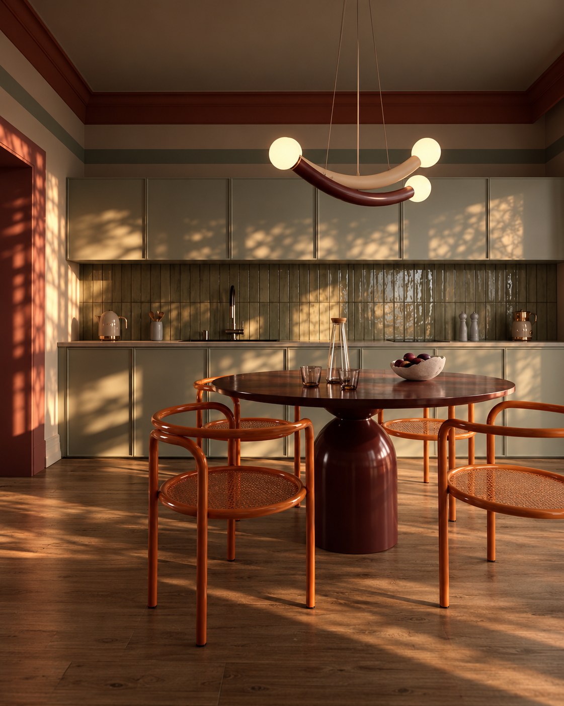 Sage kitchen with a burgundy table and orange chairs