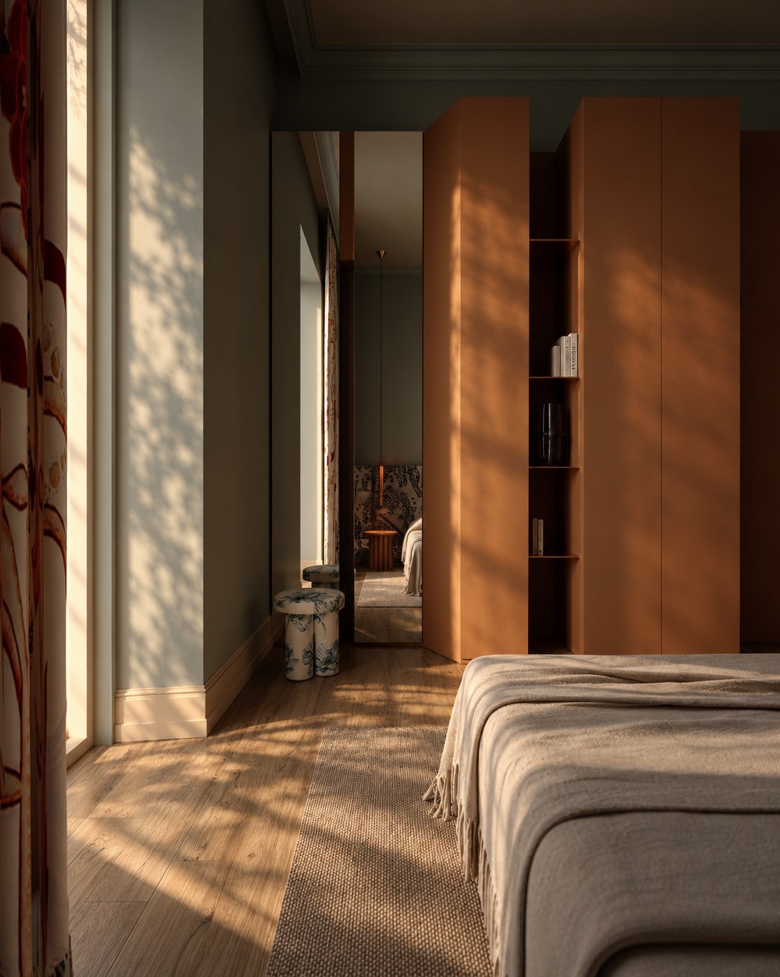 Bedroom with an orange wardrobe and mirror