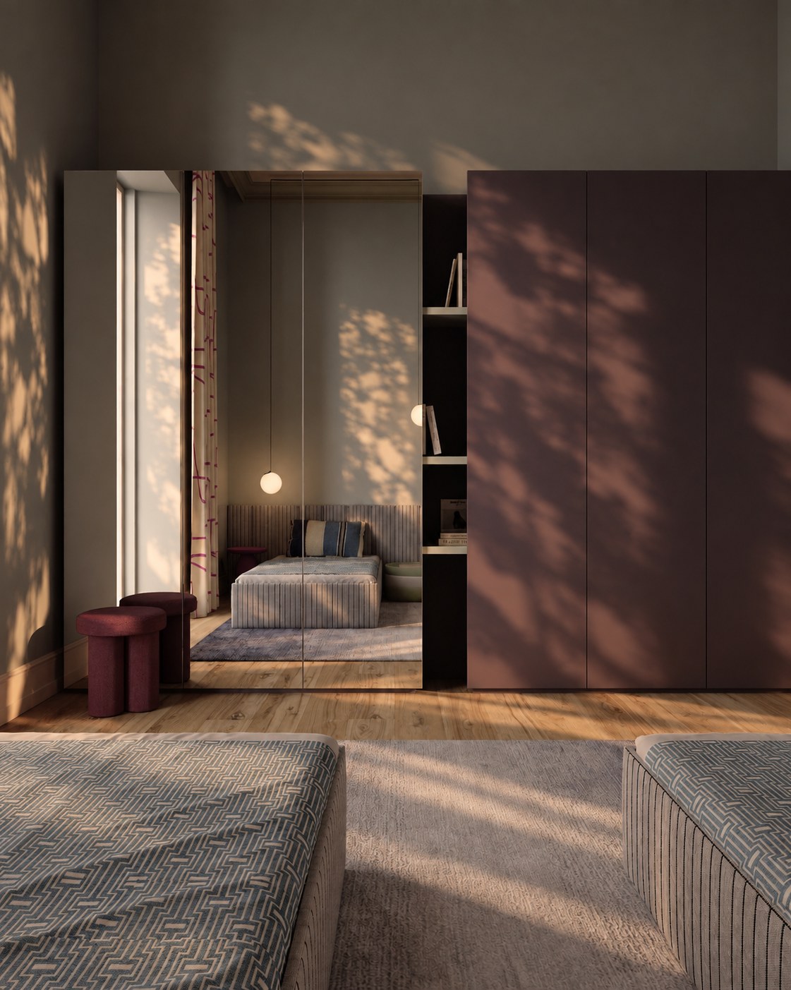 Burgundy wardrobe with a full-height mirror