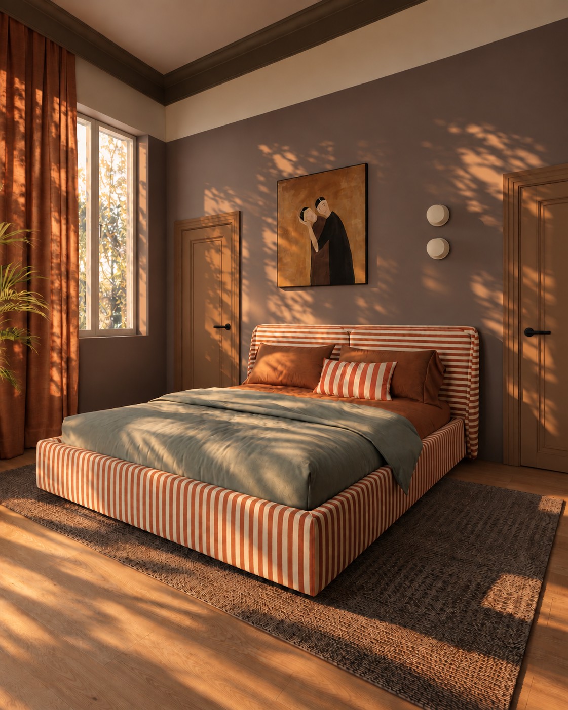 Bedroom with a striped upholstered bed and a painting