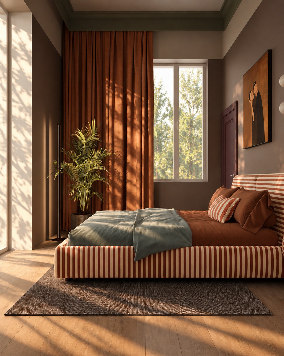 Bedroom with a striped bed and rust curtain