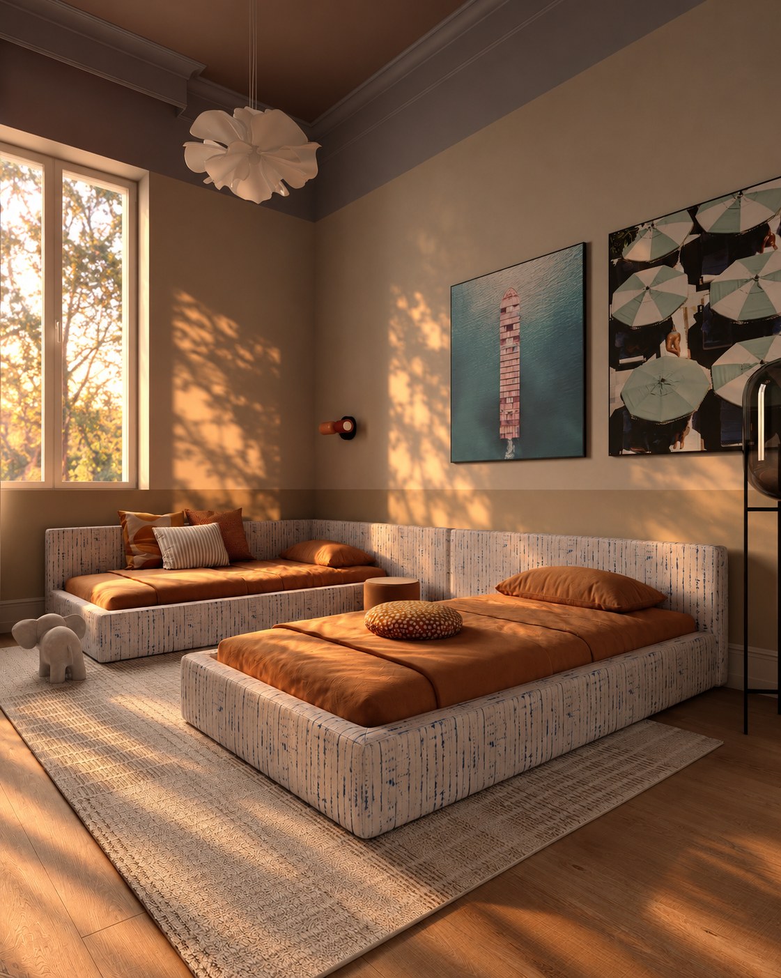 Children’s room with two low patterned beds