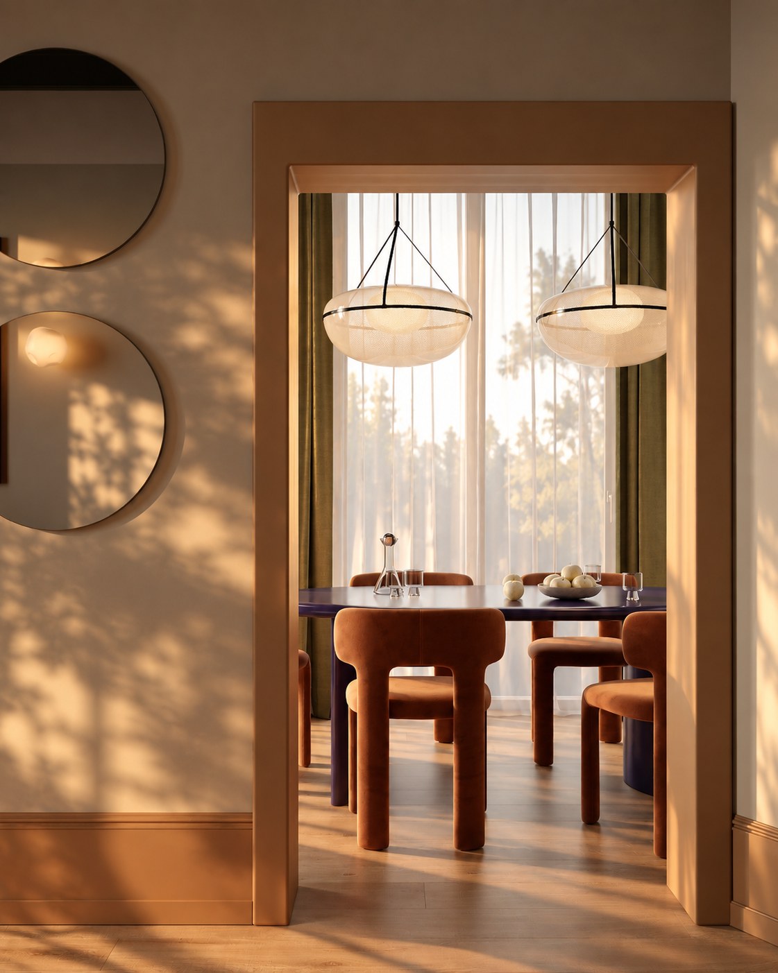 Dining room seen through a doorway, two glass pendants