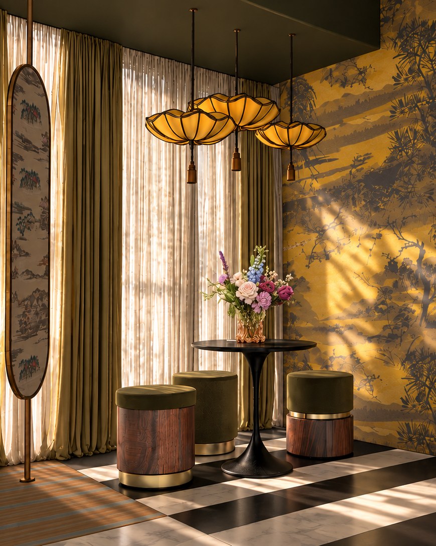 Yellow toile wall with silk pendant lamps above a round table with flowers and velvet stools