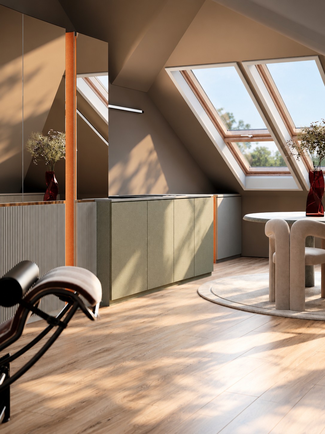 Kitchen and dining beneath the skylights