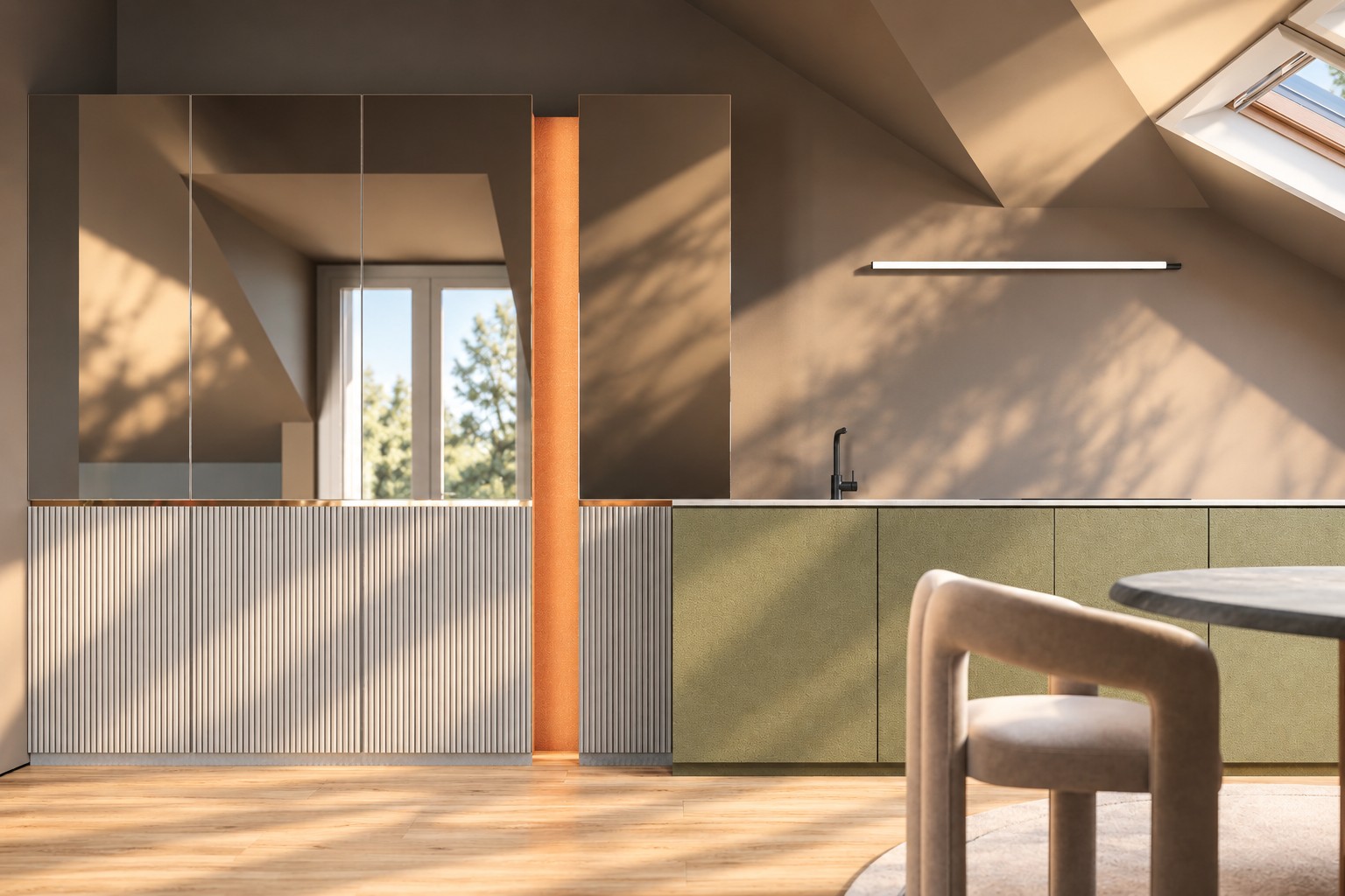 Kitchen with green units and an orange column