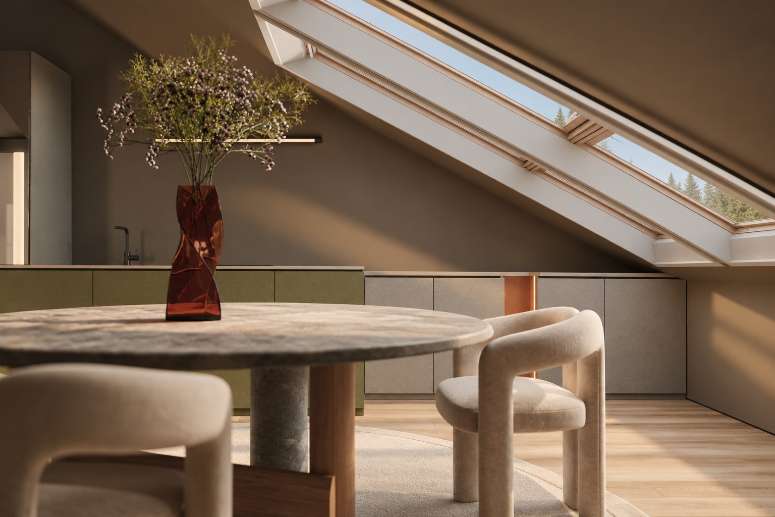Round table under the skylights