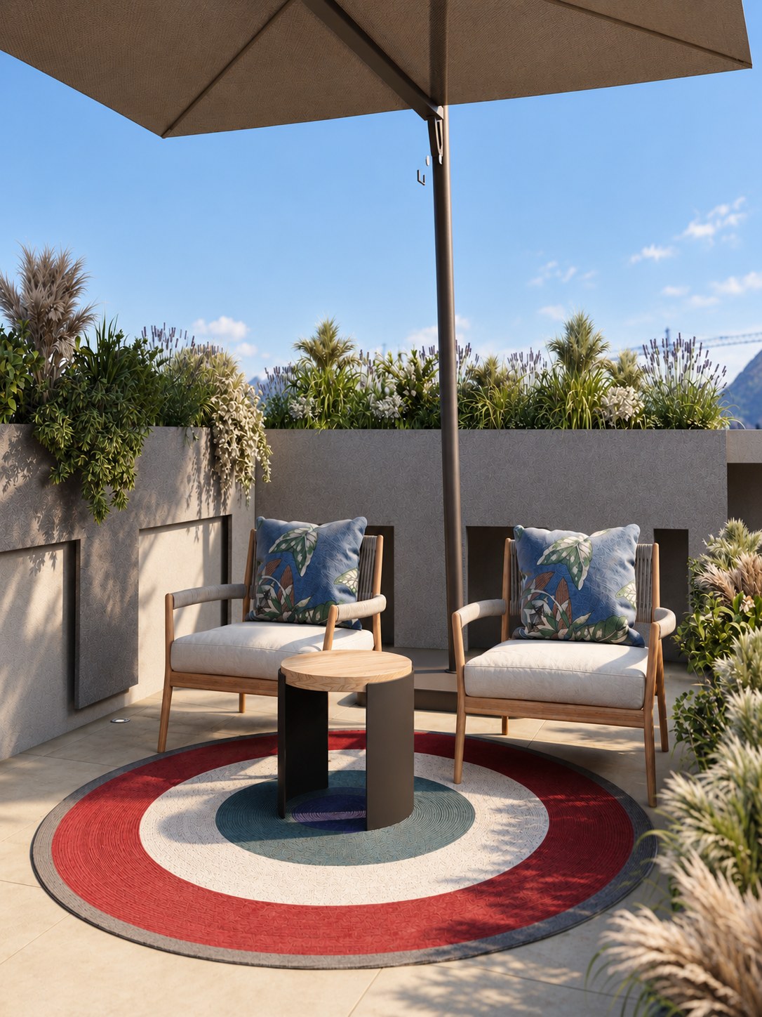 Roof terrace with armchairs under an umbrella