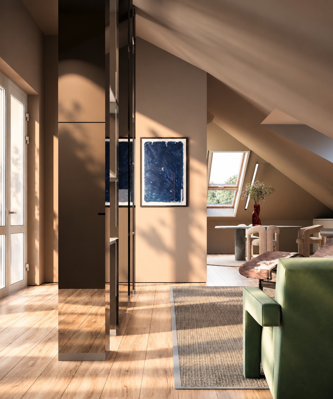 View through the volumes towards the skylights