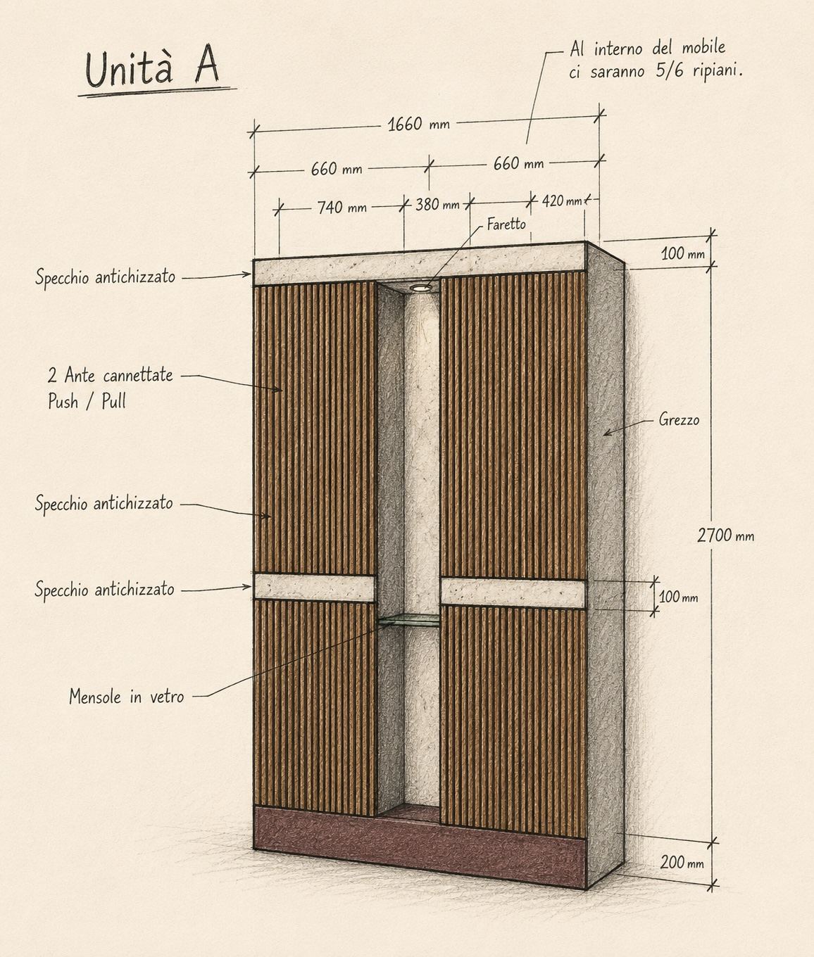 Hand-drawn elevation of a cabinet with dimensions and notes