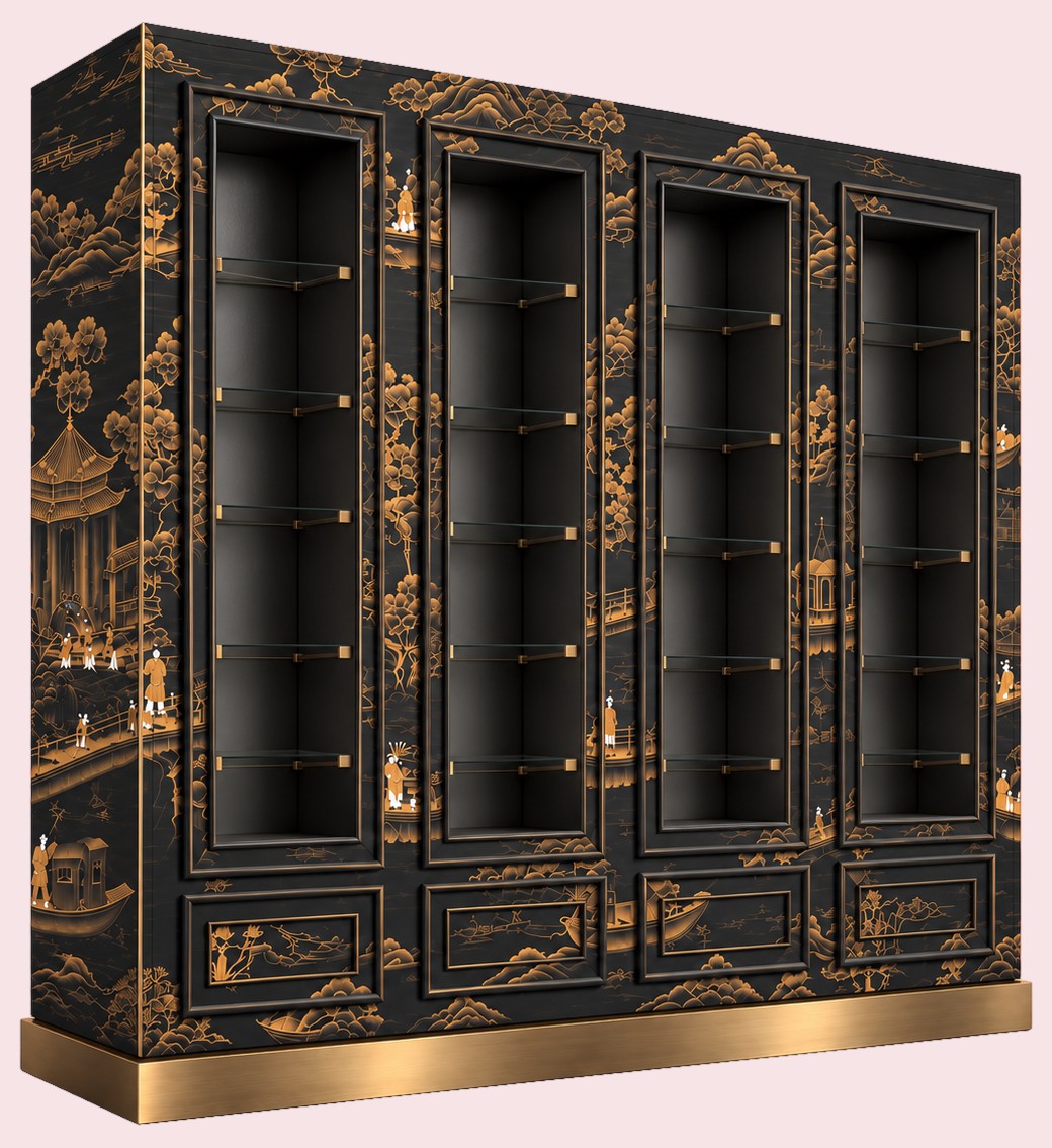 Black lacquered cabinet with gilded chinoiserie landscapes, glass-shelved vitrines and a brass plinth