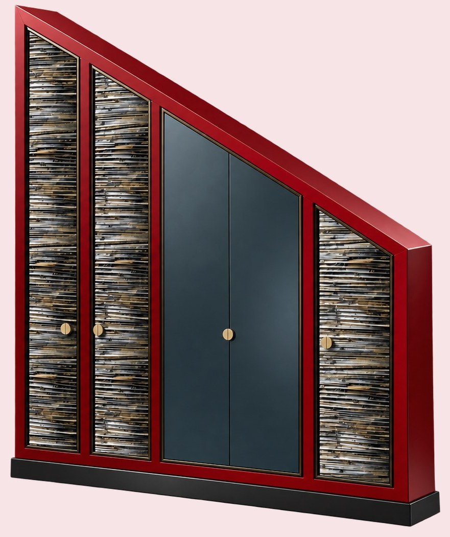 Red-framed asymmetric under-stair cabinet with textured doors and a blue-grey double door