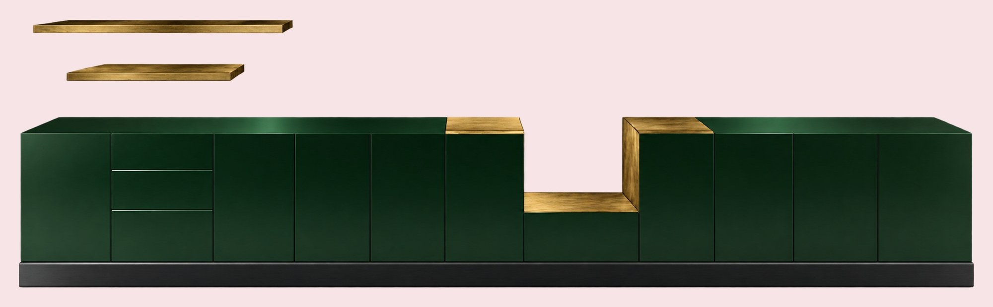 Long dark-green lacquered cabinet with a stepped brass opening and floating brass shelves