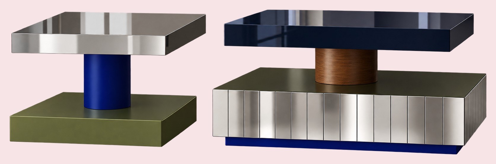 Two low tables: a steel top on a blue column over an olive base, and a navy top on a wood column over a fluted steel base