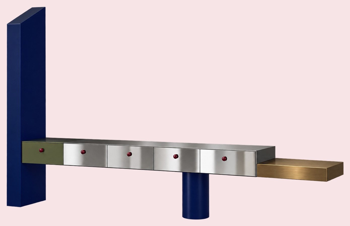 Long console of steel and olive drawers with red knobs, a tall blue vertical, a blue cylinder leg and a bronze shelf