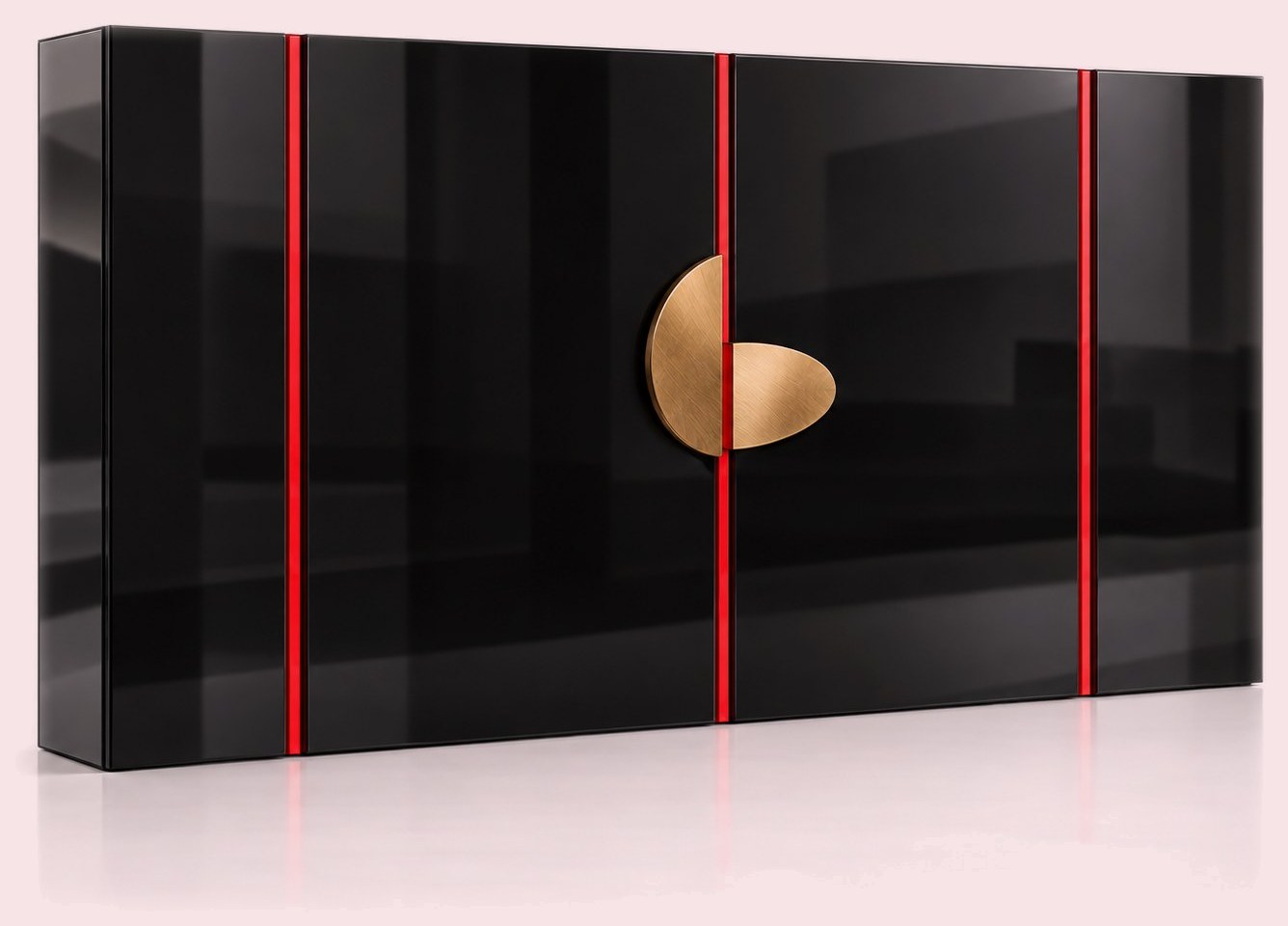 Glossy black wall cabinet with red vertical divisions and a sculpted brass handle