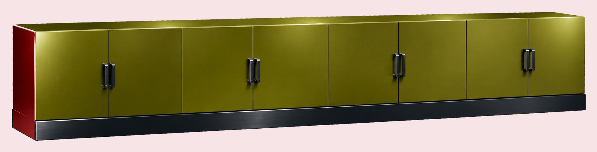 Very long olive-green low cabinet with a red side panel, black base and black handles
