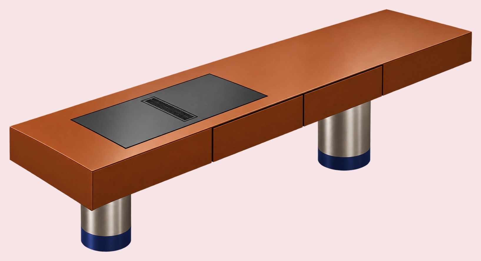 Long orange island with an integrated induction hob on steel and blue cylinder legs