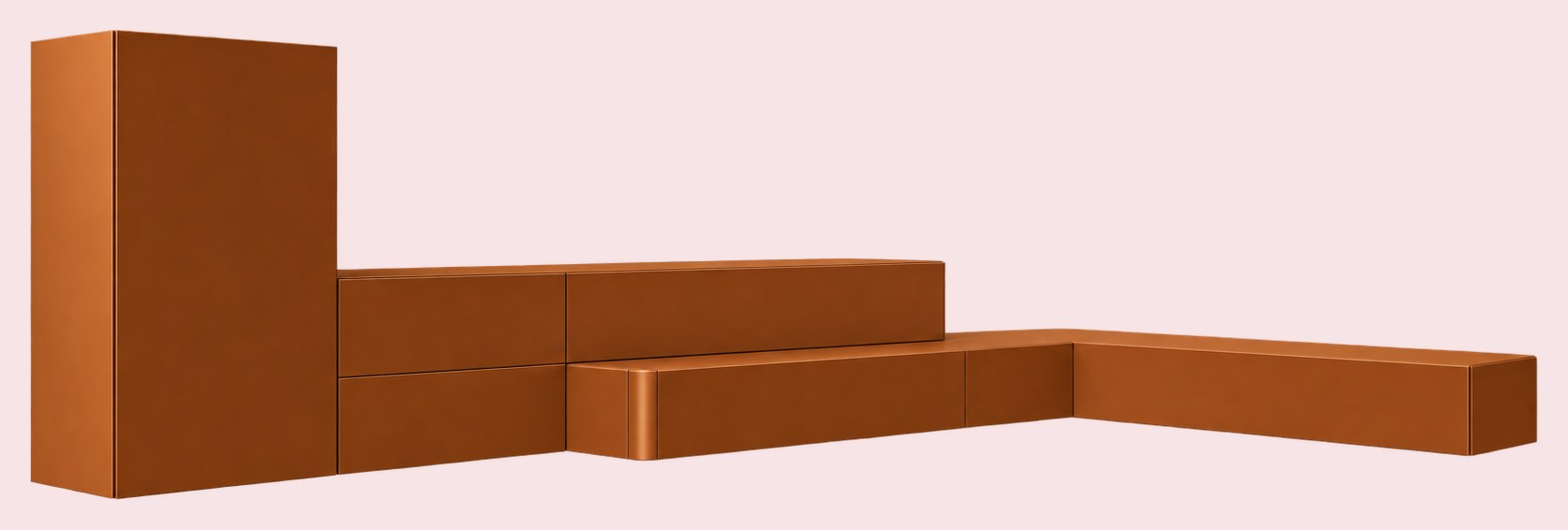 Long low orange lacquered composition of stepped drawers and an L-shaped bench, with a tall cabinet at one end