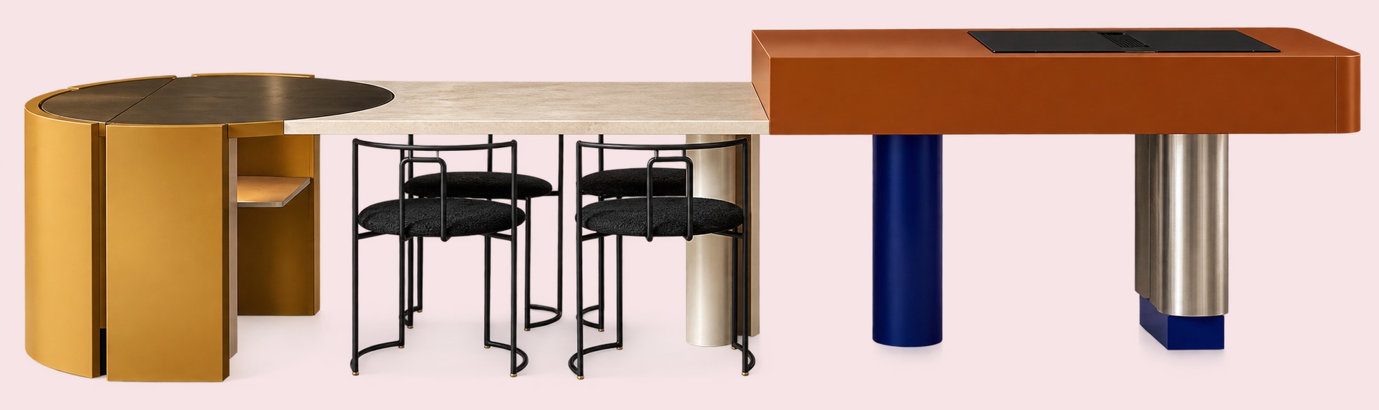 Round gold end, stone dining table with four black chairs, and an orange cooking island on blue and steel cylinder legs