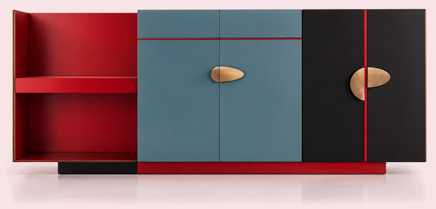 Cabinet in red, blue-grey and black lacquer with divided sculpted brass handles