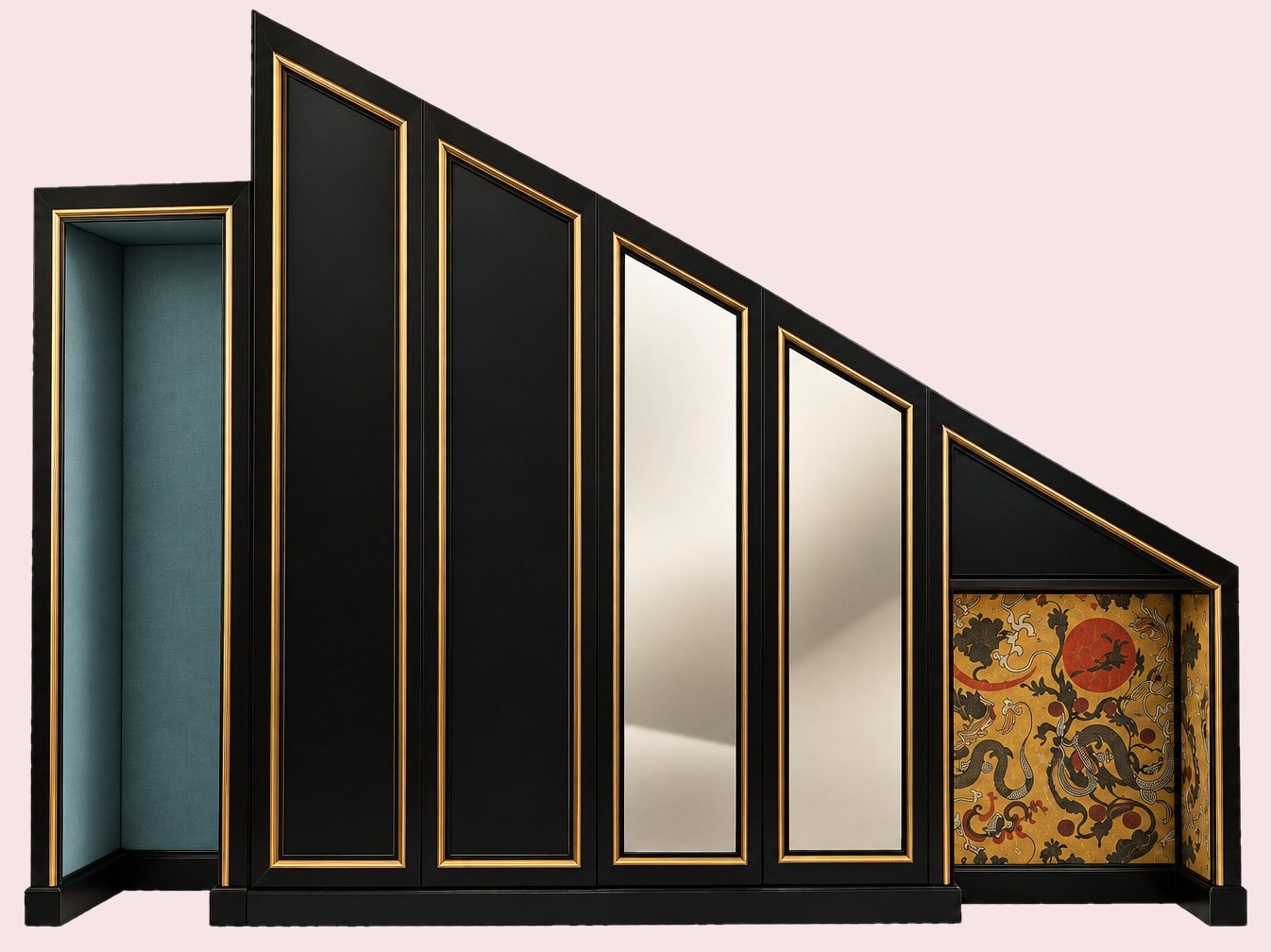 Black asymmetric under-stair joinery with brass trims, mirrored panels, a blue niche and a painted panel
