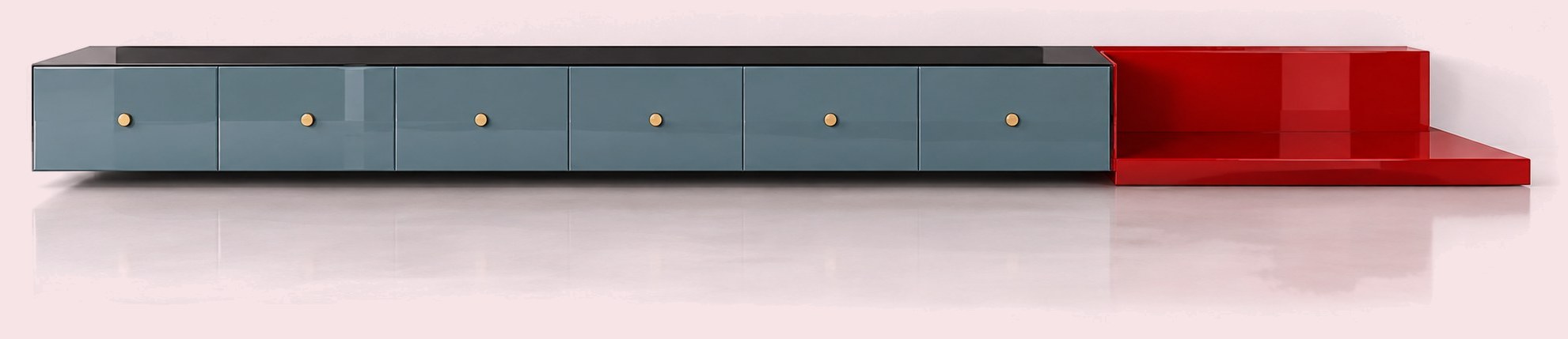 Very long blue-grey low cabinet with brass knobs ending in a red lacquered shelf