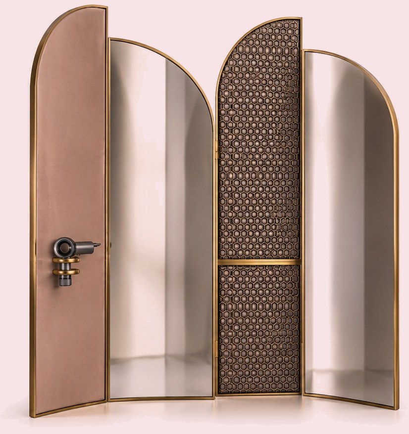 Atelier 8 folding screen with arched mirror, blush and woven panels in brass frames