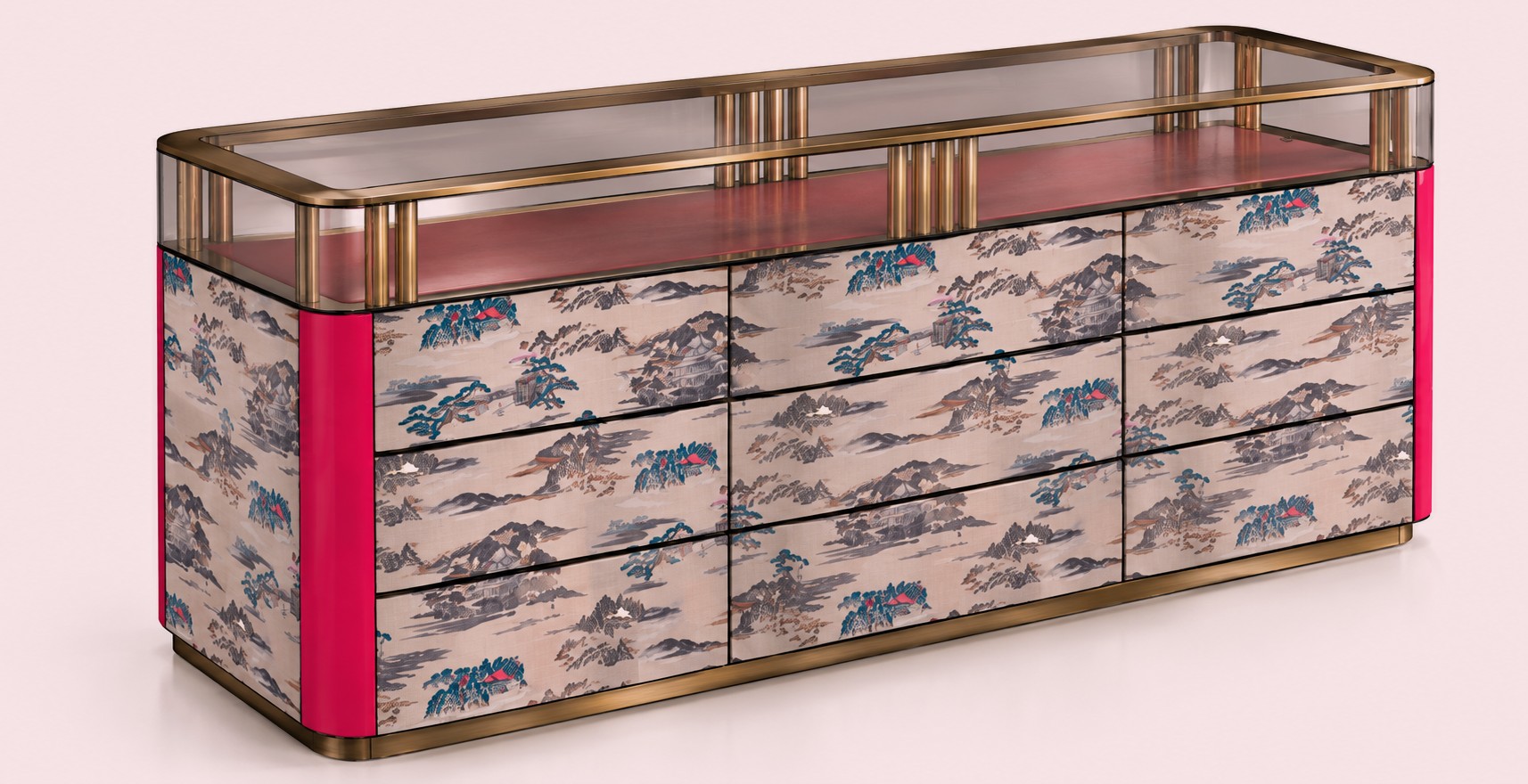 Atelier 8 console with patterned drawer fronts, fuchsia lacquered sides, brass frame and glass top