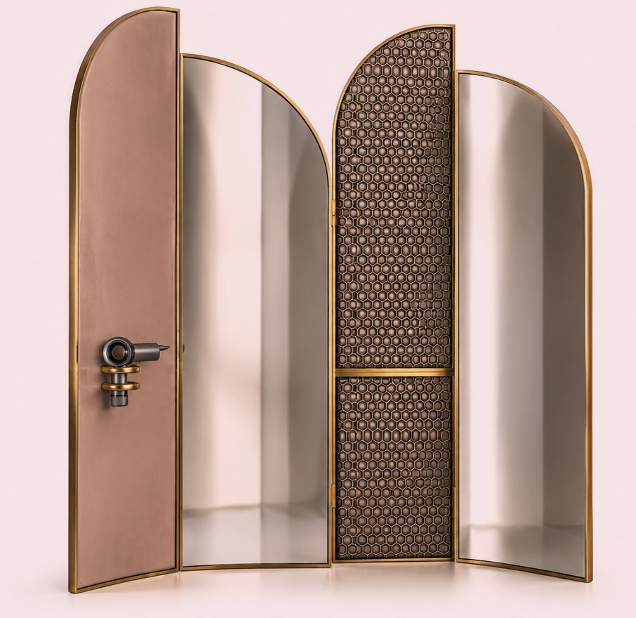 Atelier 8 folding screen with arched mirror, blush and woven panels in brass frames