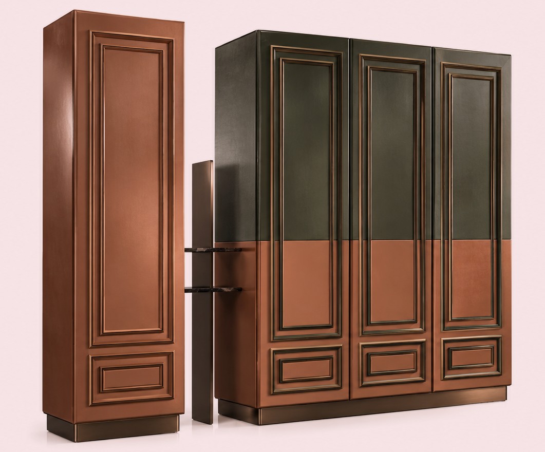 Atelier 8 wardrobe in two tones, panelled doors and a slim mirrored side column
