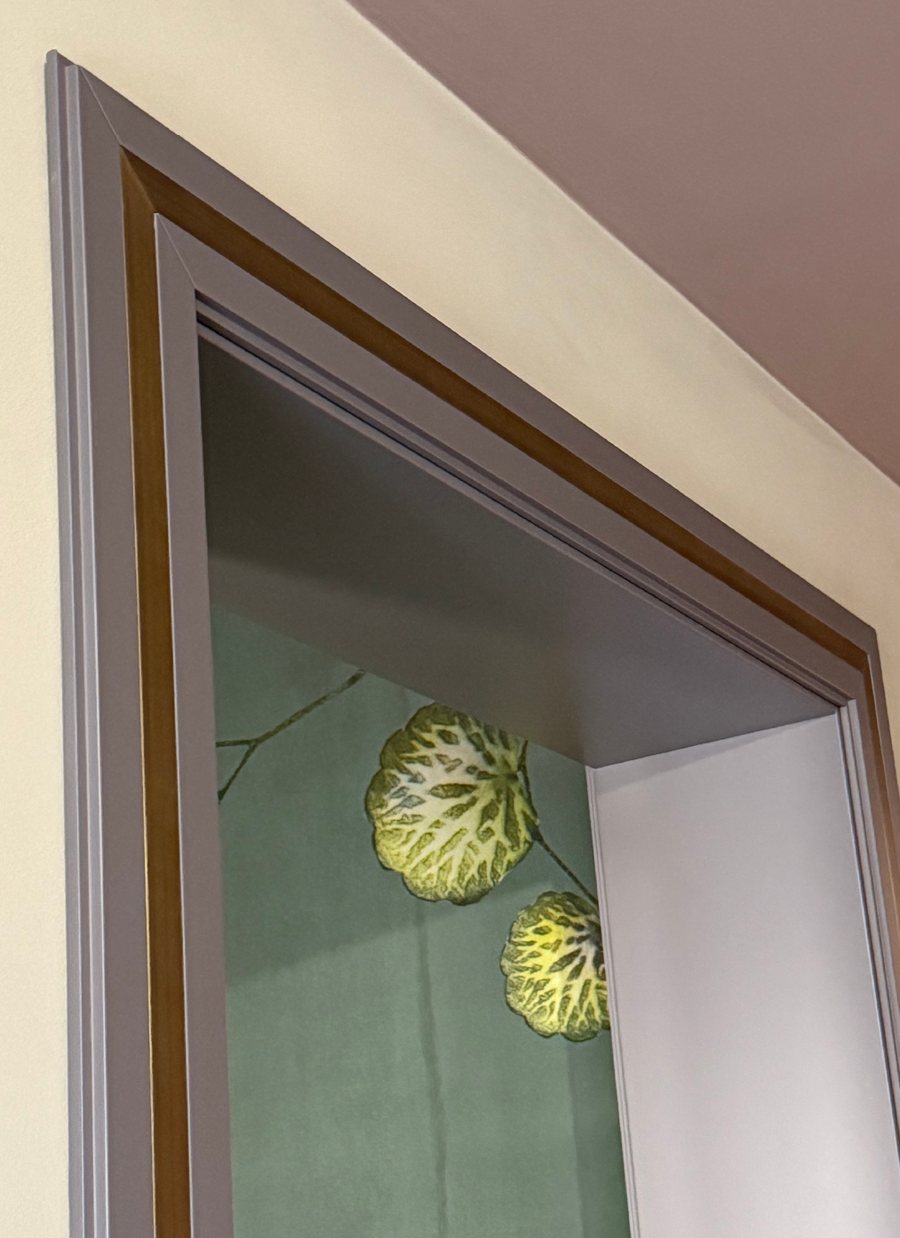 Painted door frame with green leaf wallpaper