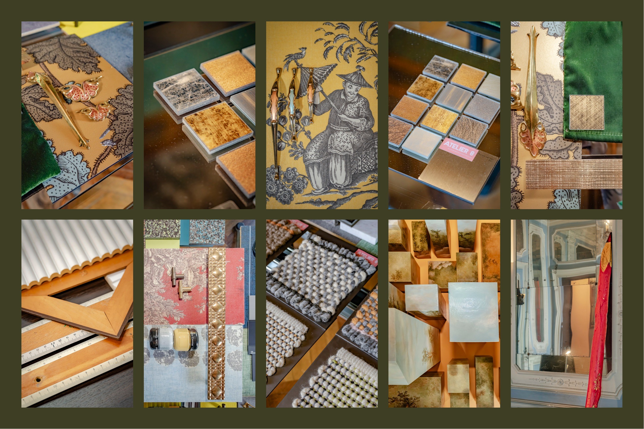 Atelier 8 poster: ten close-ups of wallpaper, brass handles, metal samples, fluted wood, textiles, painted blocks and an antique mirror