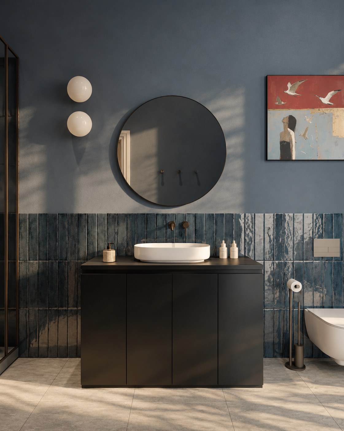 Bathroom with blue tile and a round mirror